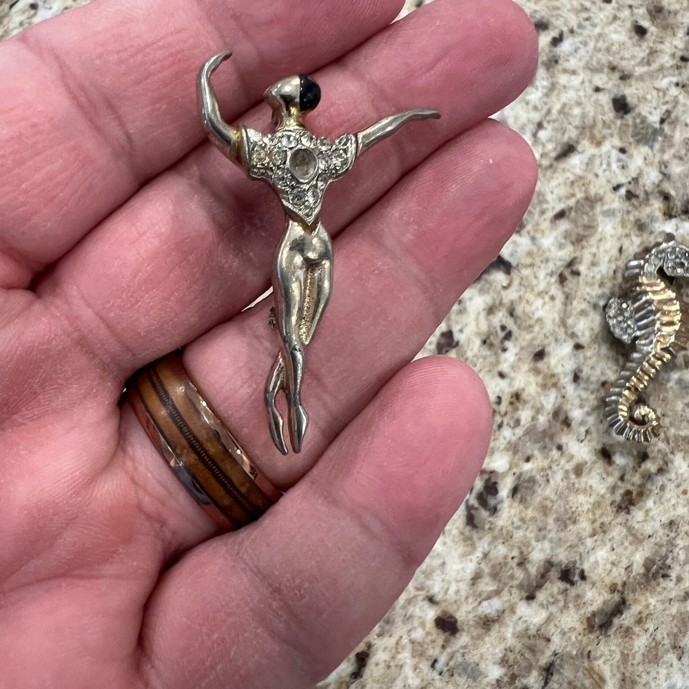 Vintage Silver Tone Ballerina Brooch Rhinestone Figural Dancer Pin